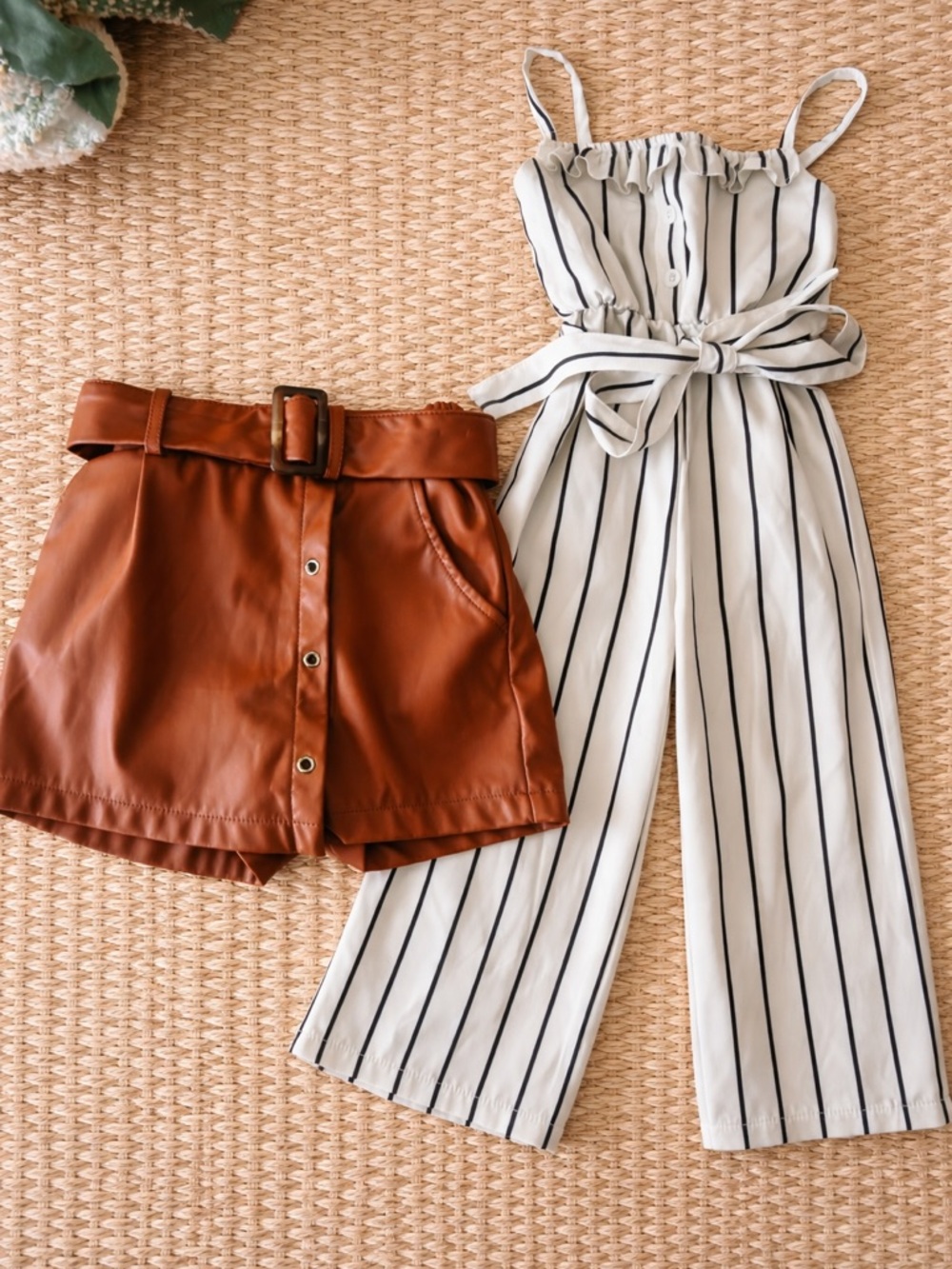 Striped Cream Wide-Leg Jumpsuit with Belted Tan Faux-Leather Skort